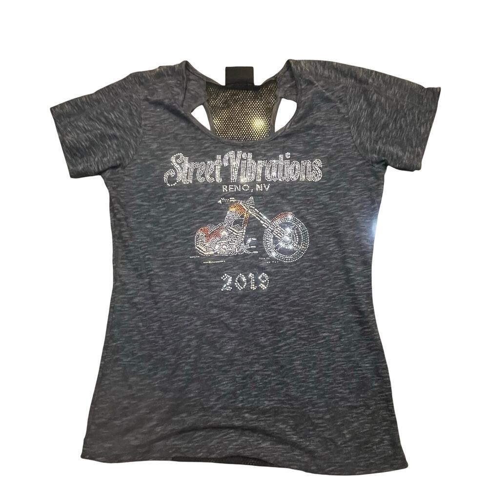 Biker Clothing Co Women L Street Vibrations Rhinestone Tee‎ Mash Back Y2K Biker